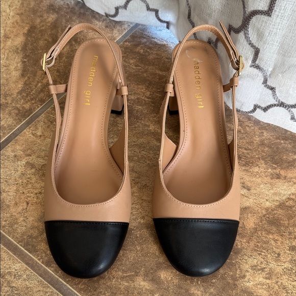 Madden Girl Shoes - Madden Girl Beige and Black Slingback Heels